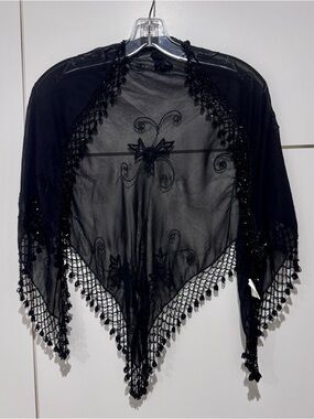 Black Lace Floral Sheer Shawl - Women Accessories Scarves & Wraps